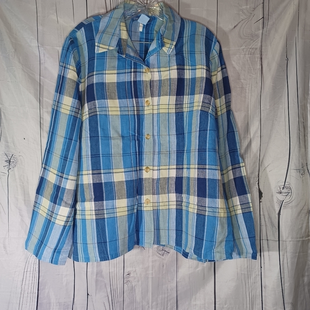 Evan Picone 100% Linen Blue and Yellow Plaid Casual Preppy Button-Up Shirt